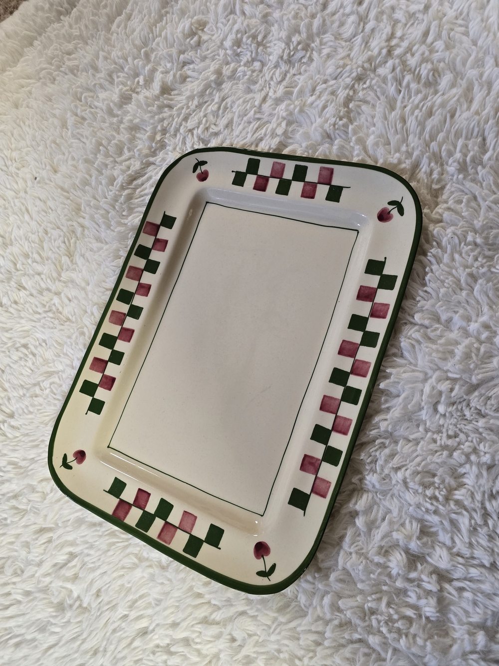 Hand-Painted Hartstone Pottery Ceramic Serving Platter in Cream, Green & Pink